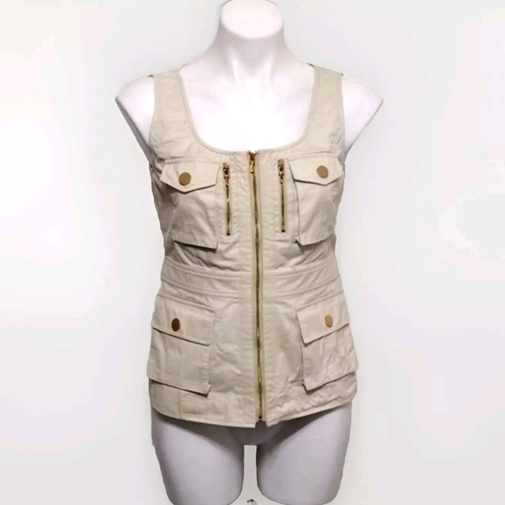 Tory Burch Light Khaki Utility Vest Size 2 Zipped Front Multi-Pocket Safari Chic
